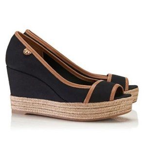 Tory Burch Majorca Peep Toe Wedge Black Platform Espadrille Size 6.5